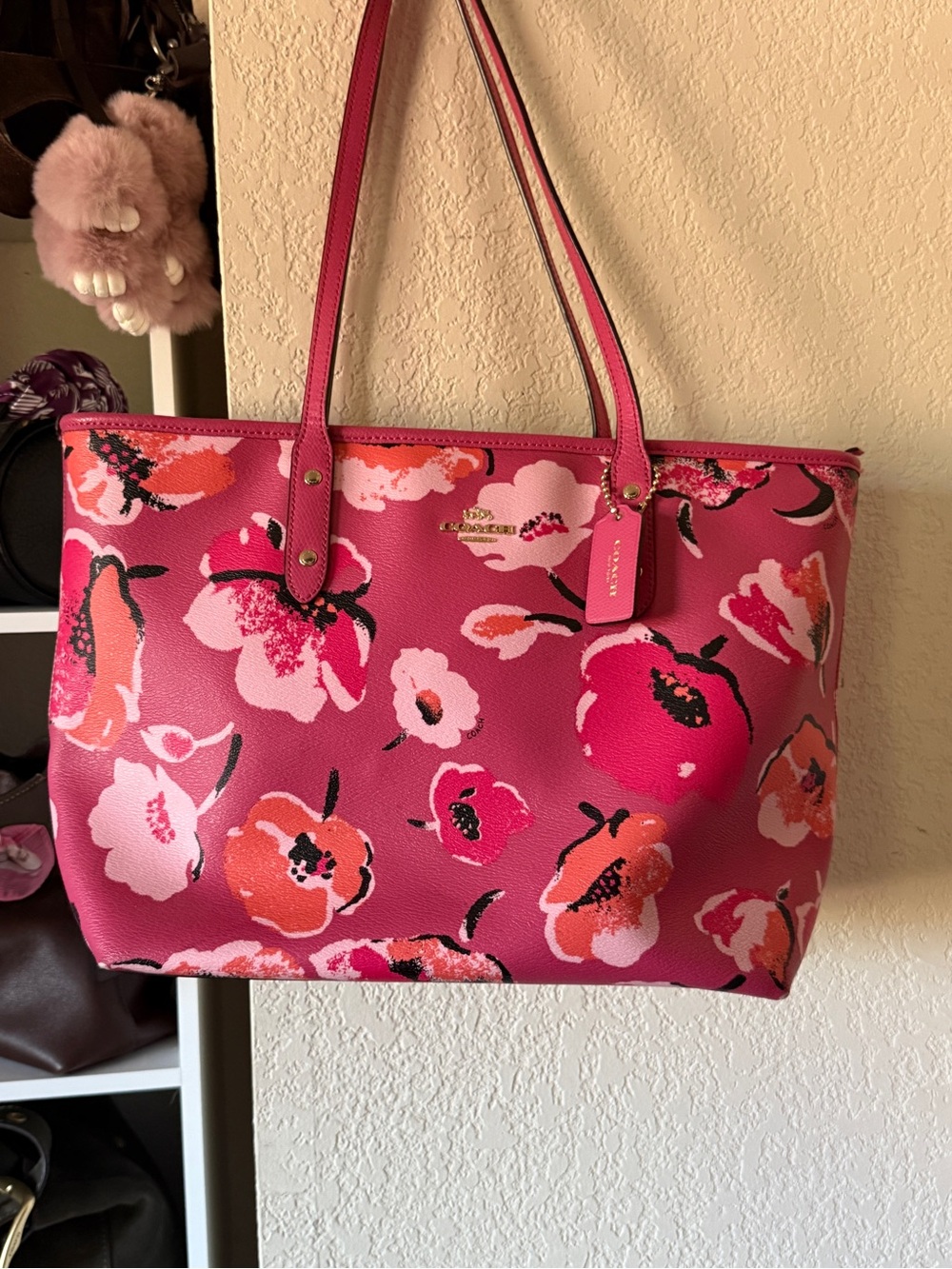 Coach Pink Floral Tote with Coral and Black Accents